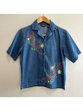 Agapo Denim Embroidered Button Up Shirt Womens S Blue Jean Floral 90s